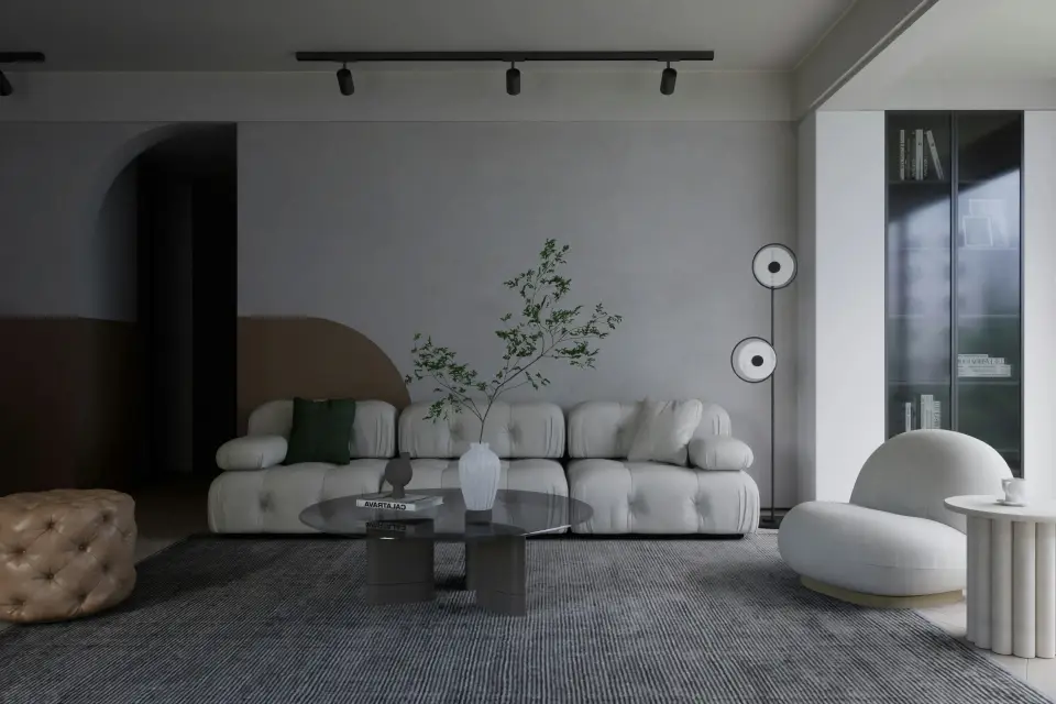 Living room with shelves where a contract can be spread out